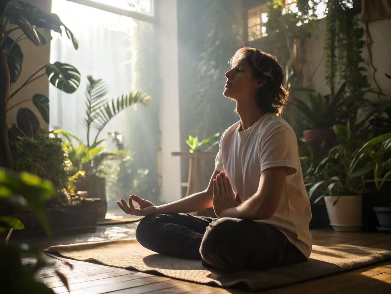 An image showing a person meditating in a business setting, representing mindset development and mental clarity.