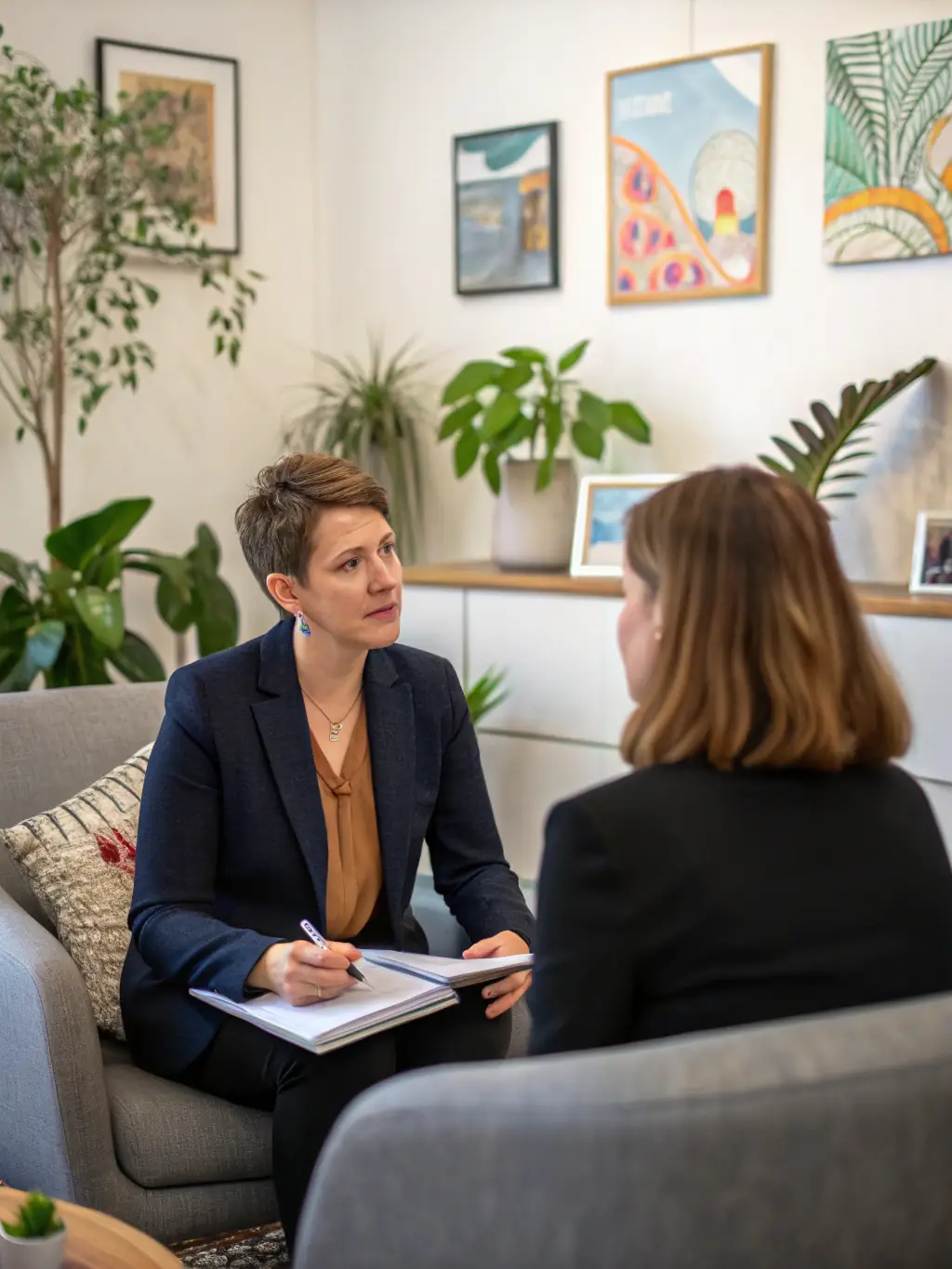 A business coach listening attentively to a client, providing guidance and support, symbolizing personalized coaching and mentorship.