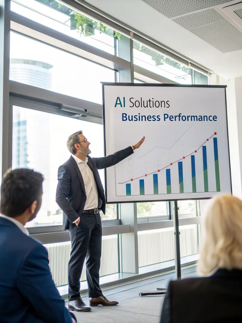 A business professional confidently presenting data and insights on a screen, showcasing analytical skills and strategic decision-making.