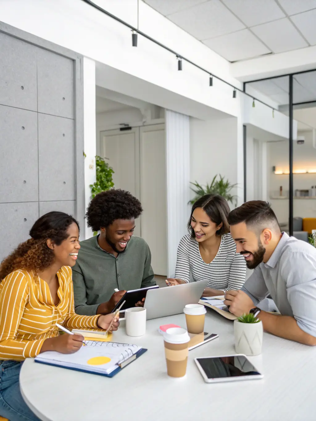 A diverse team of professionals collaborating around a table, brainstorming ideas and strategies, representing teamwork and innovation.