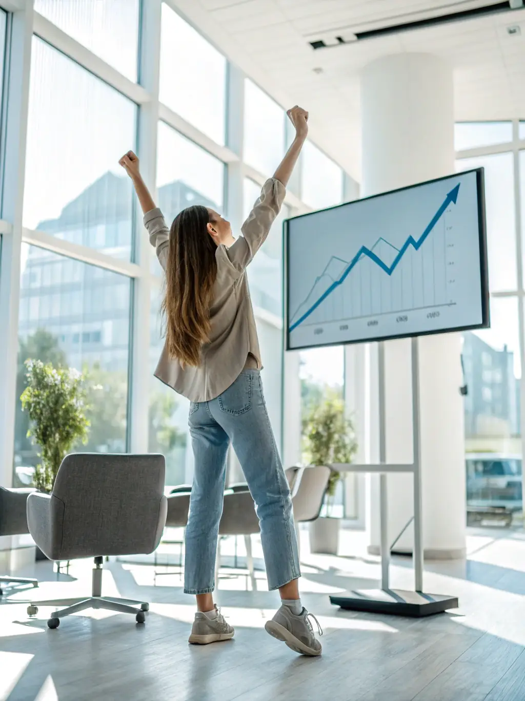 A professional business coach in a suit, smiling confidently while pointing at a growth chart during a coaching session, symbolizing business growth and success.